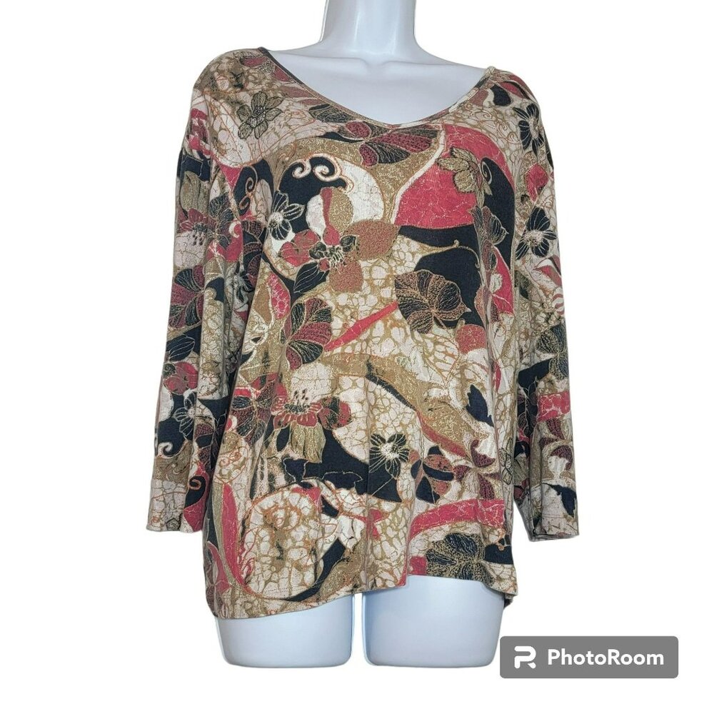 Additionas by Chico Knit Top, Women 3 (L), Brown, Tan & Rust Leaf Print, EUC